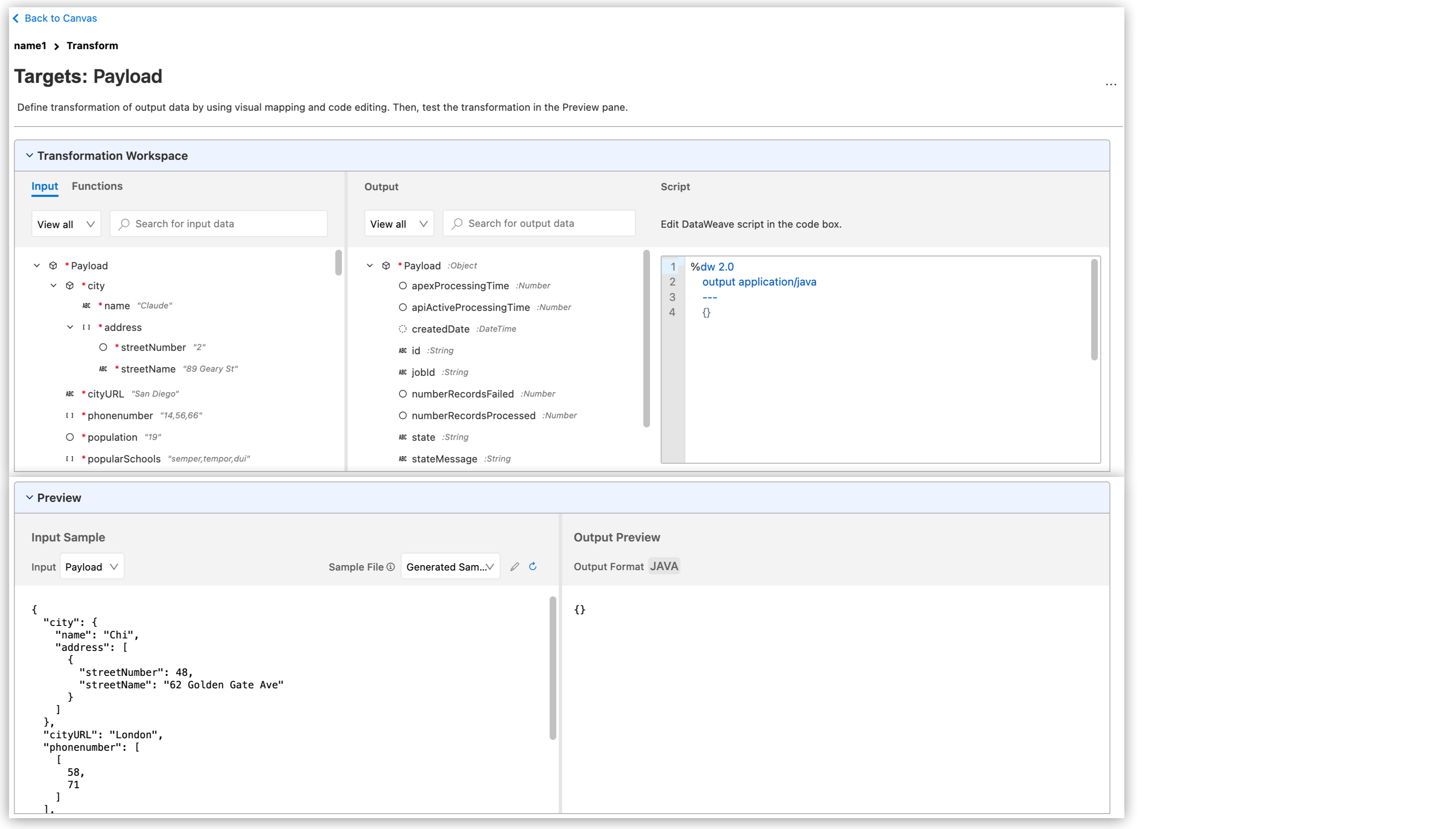 The *Transformation Builder* window and its sections highlighted