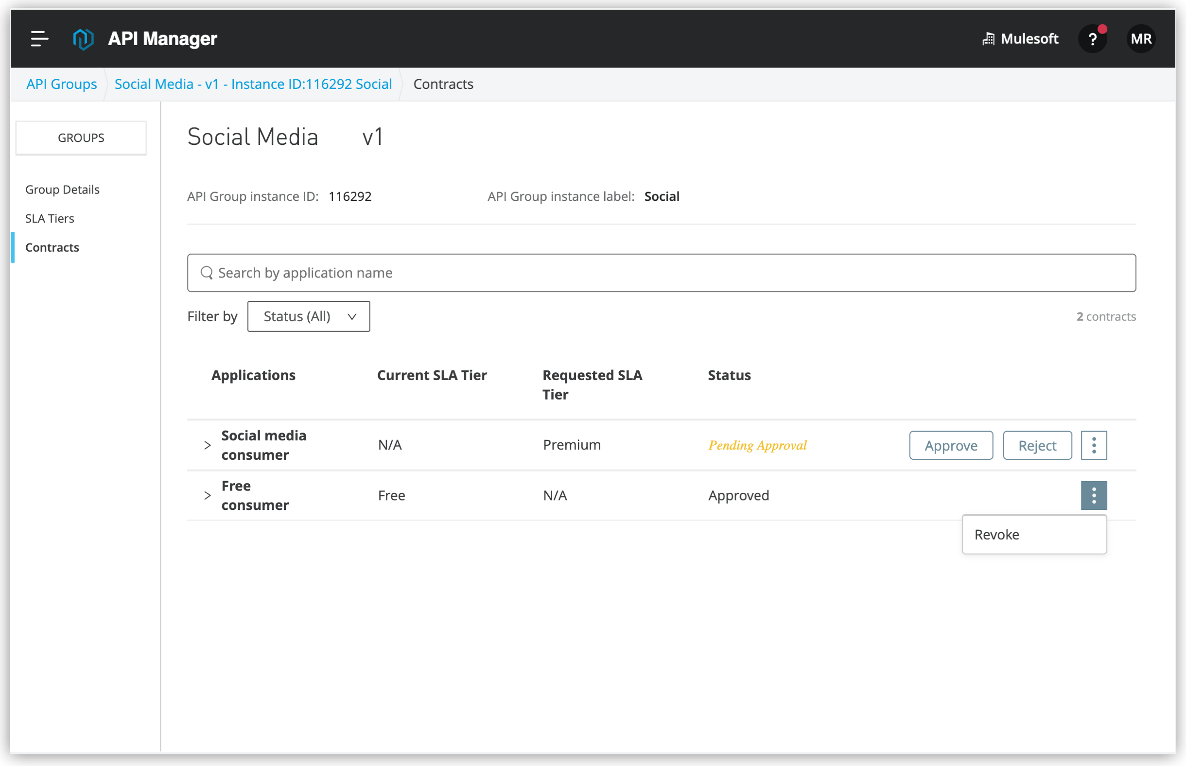 Manage Contracts for API Group Instance