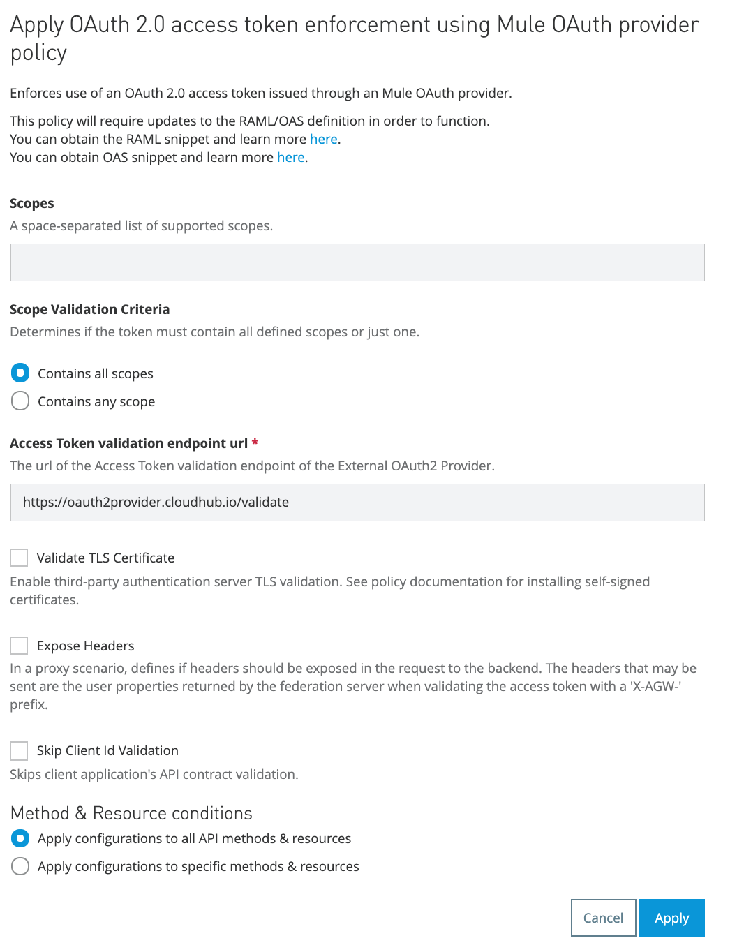 A form that enables the configuration of the OAuth 2.0 access token enforcement policy