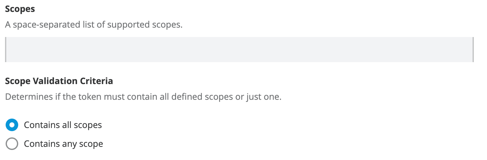 A form shows scope validation criteria with options to contain all scopes or any scope