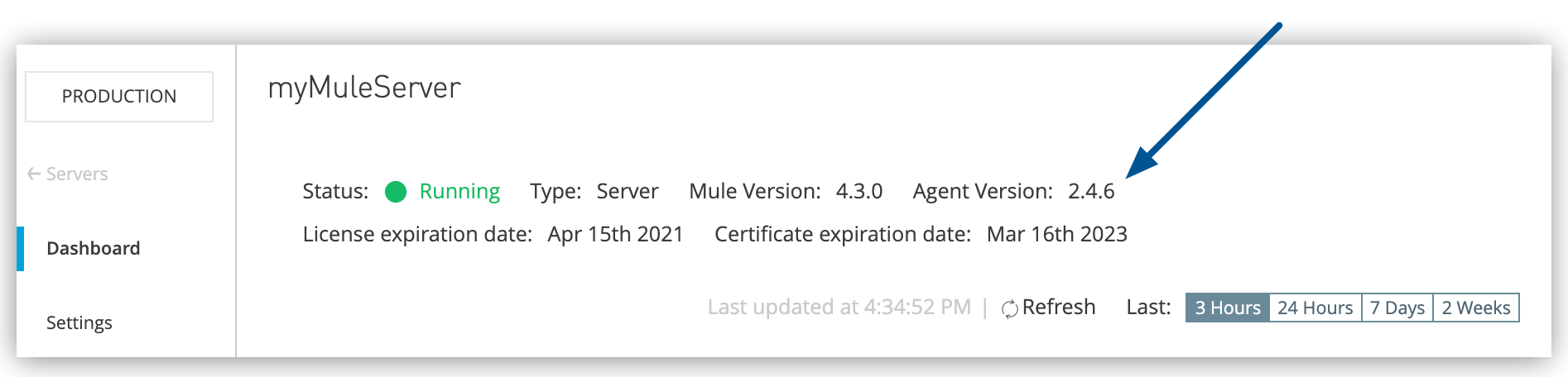 Runtime Manager agent version on the server Dashboard page